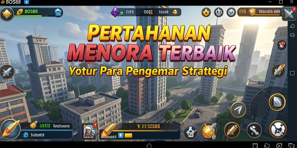 Tampilan gameplay epik dengan menara pertahanan bertarung melawan musuh.