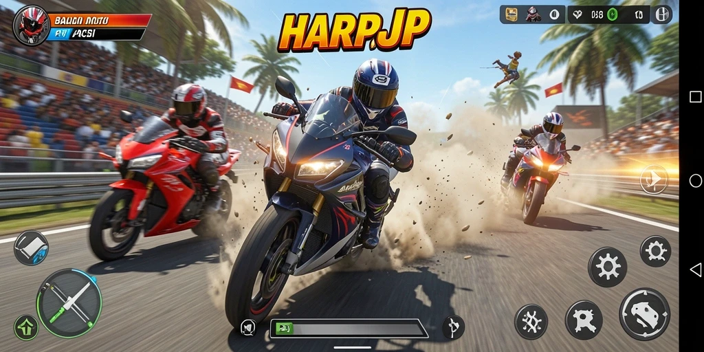Tampilan gameplay seru dari HARAPJP yang menampilkan balapan motor yang intens.