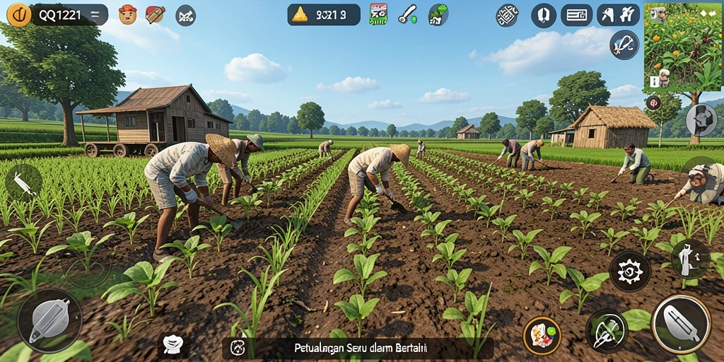 Tampilan seru gameplay bertani di QQ1221, penuh warna dan aktivitas.