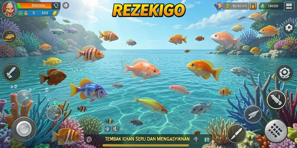 Tampilan seru gameplay Tembak Ikan REZEKIGO di laut.