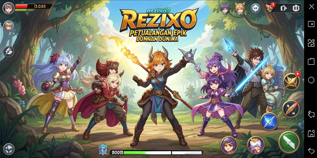 Screenshot utama REZIXO menampilkan aksi karakter di dunia Anime yang menarik.