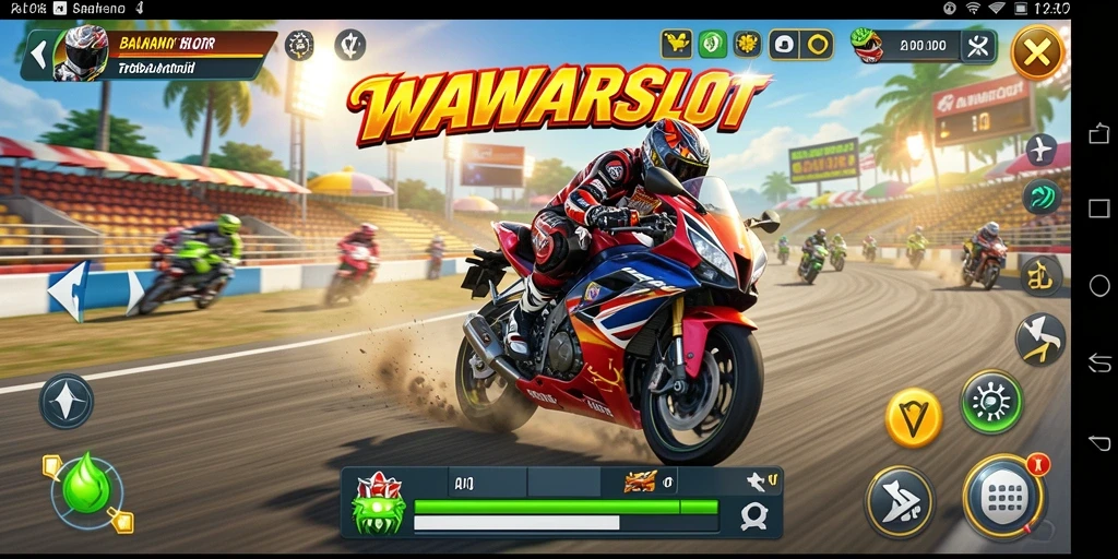 Tampilan gameplay mendebarkan dalam WAWARSLOT saat balapan motor.